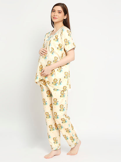 Little Lion  Maternity Pj Set -  Pure Cotton Pj Set in Round Neck with 2 Invisible Zips for Feeding