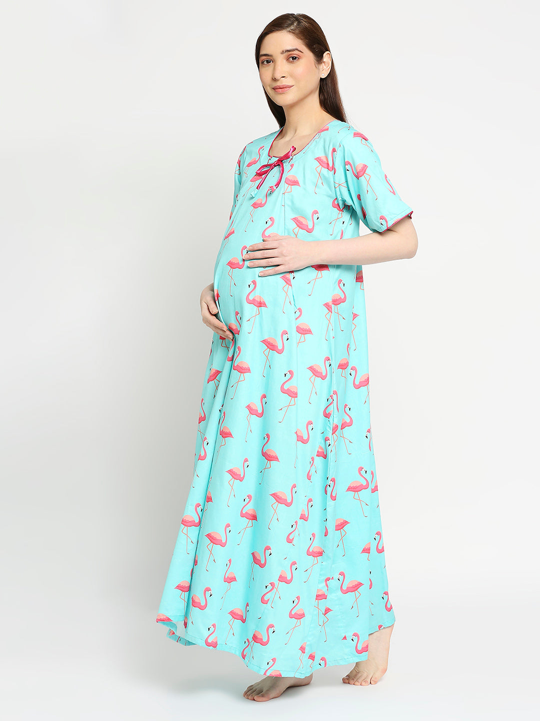 Pink Flamingo Maternity Gown - Pure Cotton Round Neck Gown with 2 Invisible Zips for Feeding