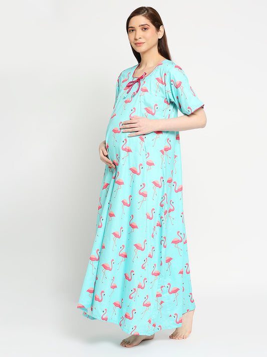 Pink Flamingo  Maternity Gown -Round Neck Gown with 2 Invisible Zips for Feeding