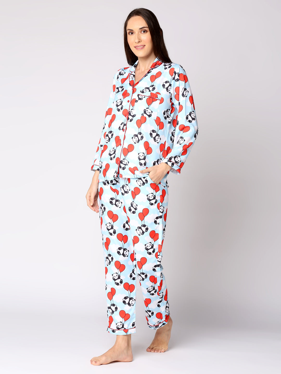 Happy Panda Button Down Pj Set - Cotton Rayon Pj Set with Notched Collar