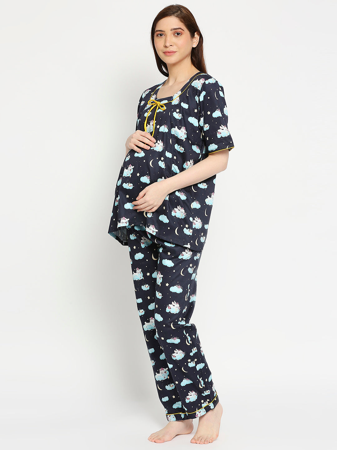 Bunny In The Cloud Maternity Pj Set - Pure Cotton Pj Set in Round Neck with 2 Invisible Zips for Feeding