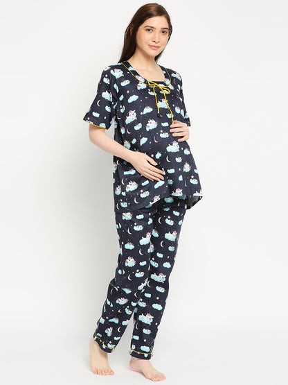 Bunny In The Cloud Maternity Pj Set - Pure Cotton Pj Set in Round Neck with 2 Invisible Zips for Feeding