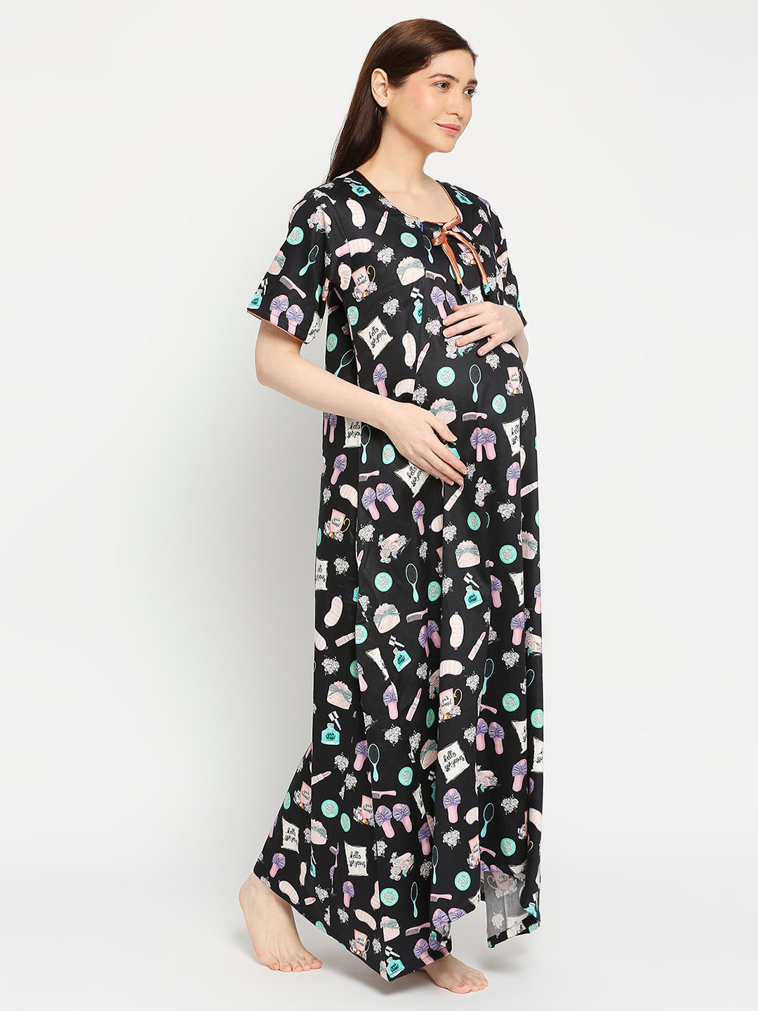 Spa Time Maternity Gown -Pure Cotton Round Neck Gown with 2 Invisible Zips for Feeding