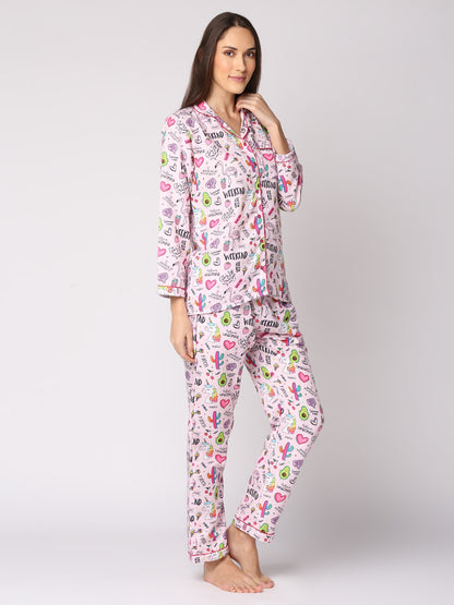 Pink Party Button Down Pj Set - Cotton Rayon Pj Set with Notched Collar