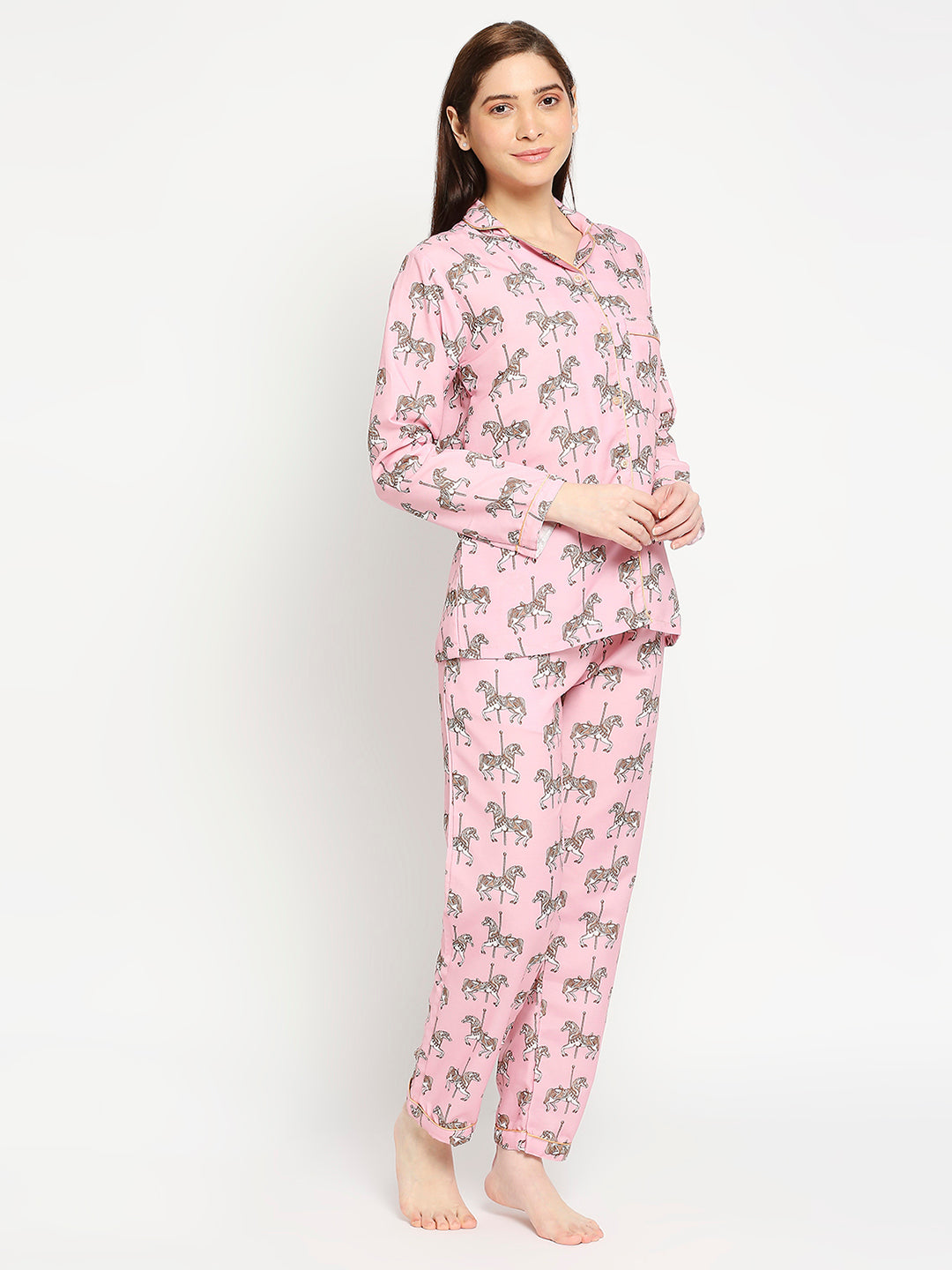 Royal Horse Button Down Pj Set - Cotton Rayon Pj Set with Notched Collar