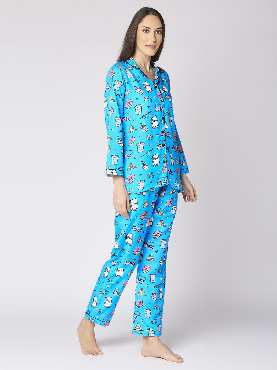 Weekend Mode Button Down Pj Set - Cotton Rayon Pj Set with Notched Collar