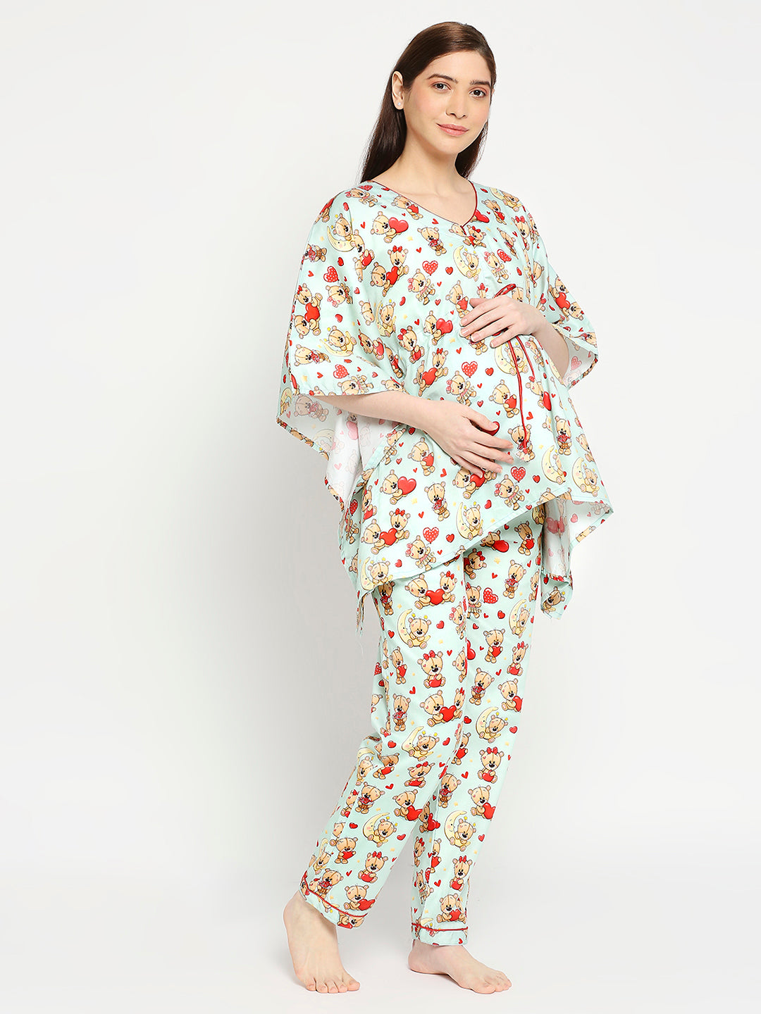 Loving Teddy Maternity Kaftan Pj Set - Pure Cotton Pj Set in Kaftan Style with Single Invisible Zip for Feeding