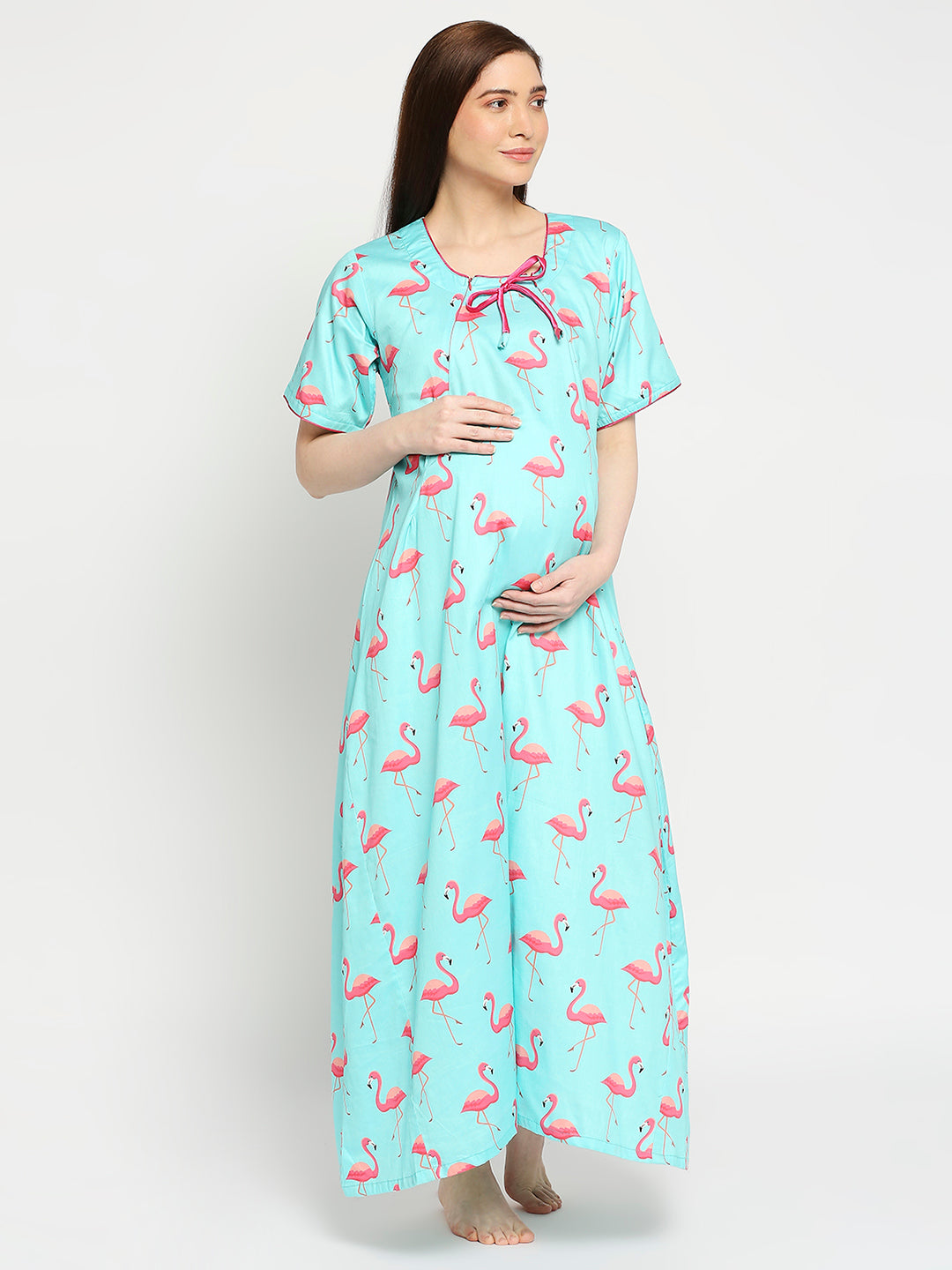 Pink Flamingo  Maternity Gown - Pure Cotton Round Neck Gown with 2 Invisible Zips for Feeding