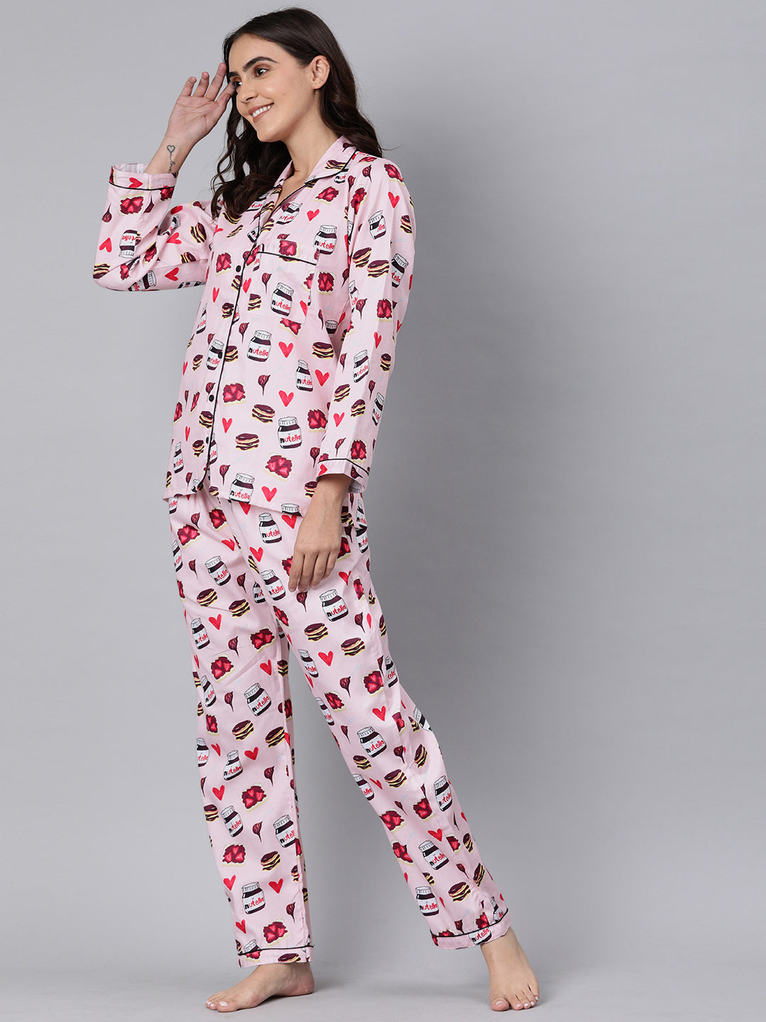 Nuts About Nutella Button Down Pj Set Pure Cotton Pj Set with Notched Collar