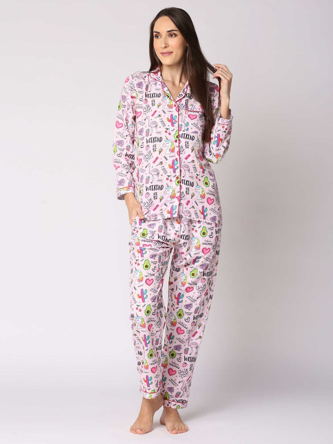 Pink Party Button Down Pj Set - Cotton Rayon Pj Set with Notched Collar