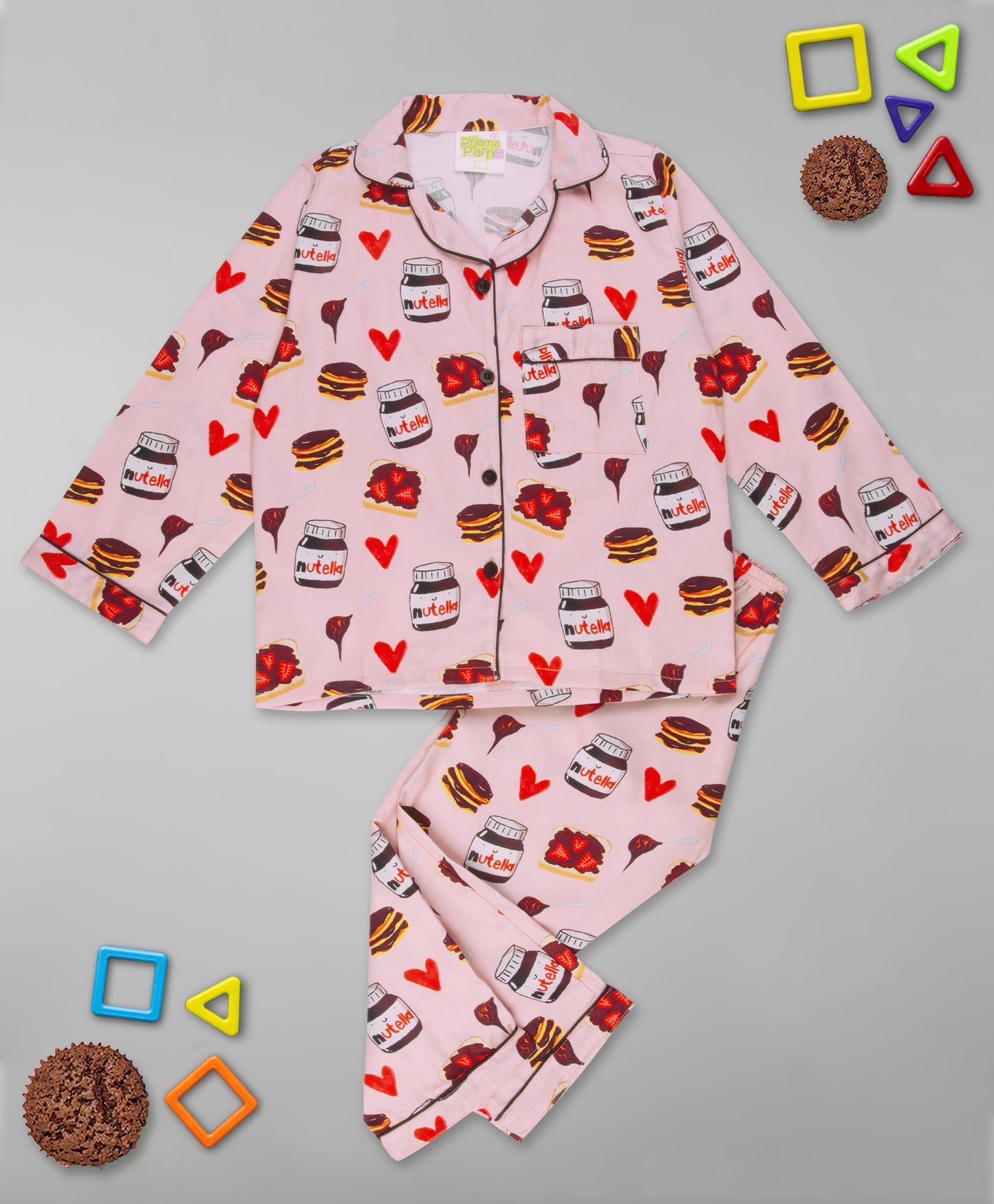Nuts About Nutella Kids Button Down Pj Set - Pure Cotton Pj Set with Notched Collar