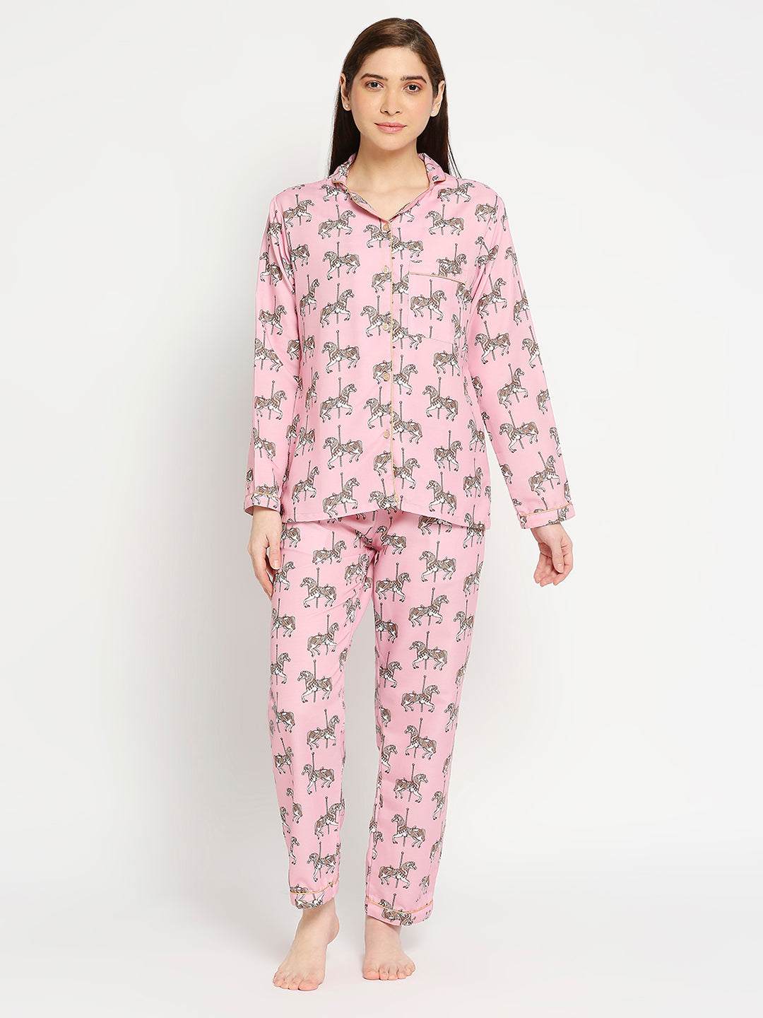 Royal Horse Button Down Pj Set - Cotton Rayon Pj Set with Notched Collar