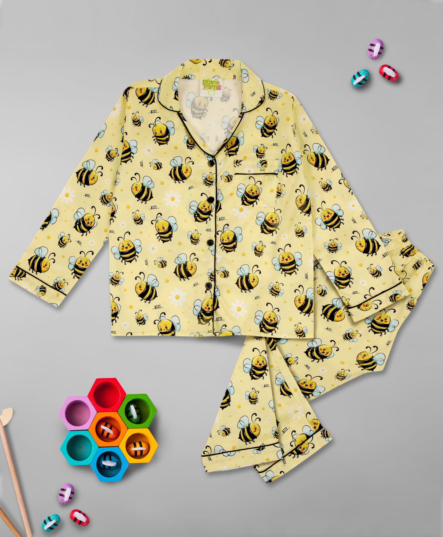 Bumblebee Kids Button Down Pj Set - Pure Cotton Pj Set with Notched Collar