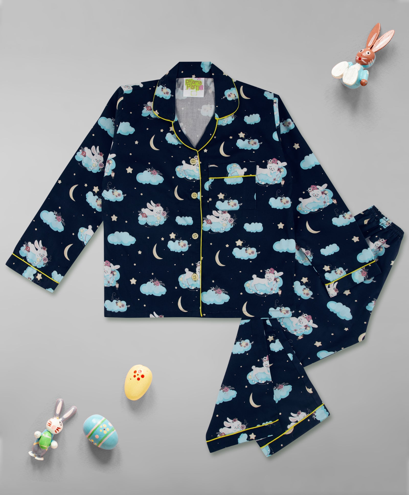 Bunny In The Cloud Kids Button Down Pj Set - Pure Cotton Pj Set with Notched Collar