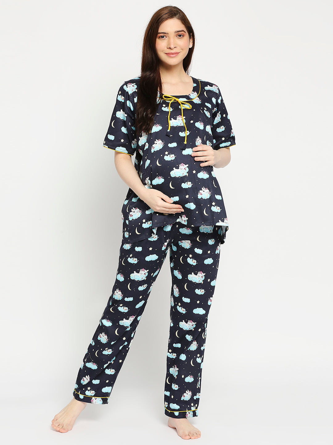 Bunny In The Cloud Maternity Pj Set - Pure Cotton Pj Set in Round Neck with 2 Invisible Zips for Feeding