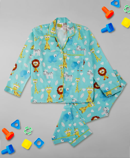 Into The Jungle Kids Button Down Pj Set - Pure Cotton Pj Set with Notched Collar