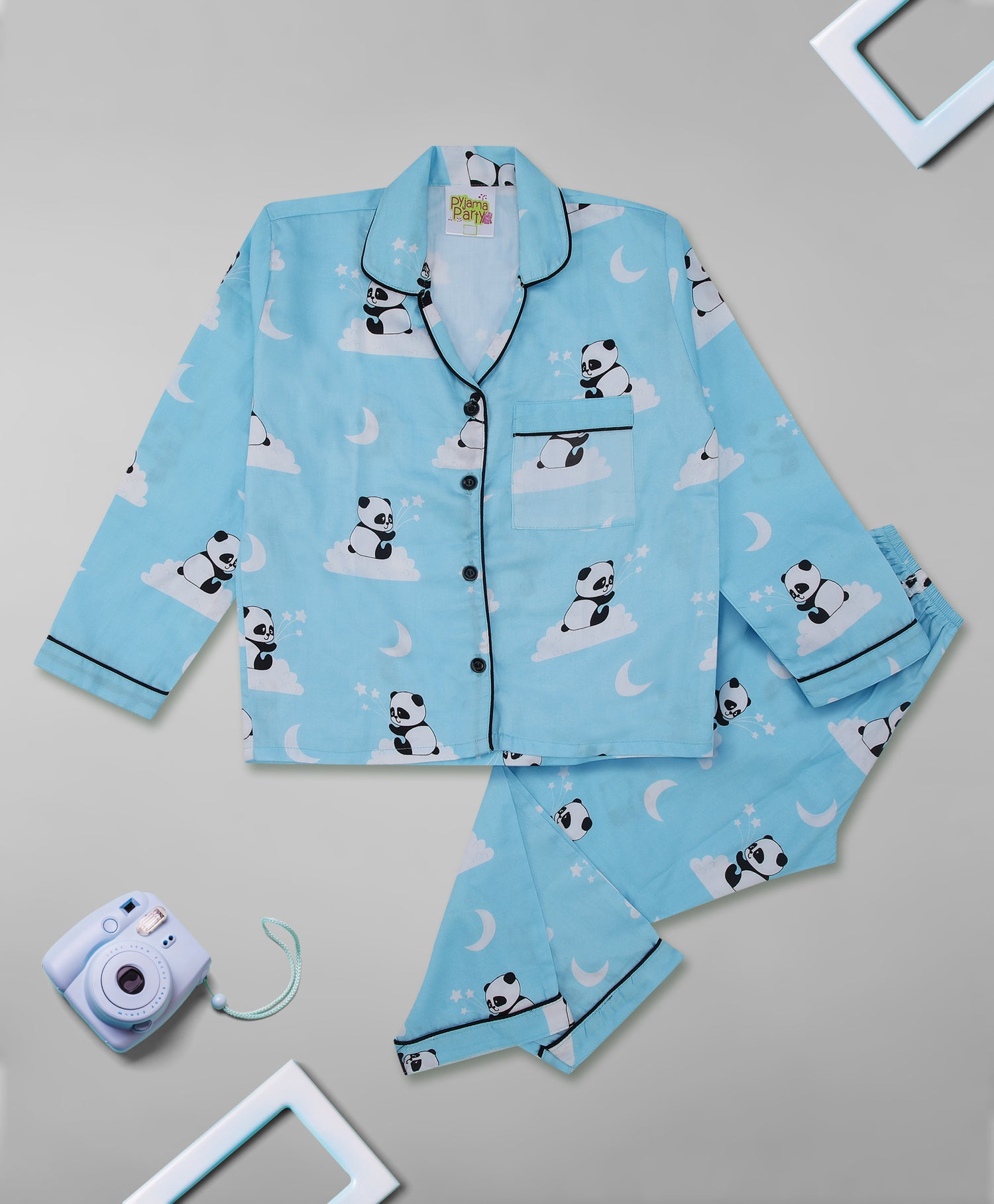 Dreaming Panda  Kids Button Down Pj Set - Pure Cotton Pj Set with Notched Collar