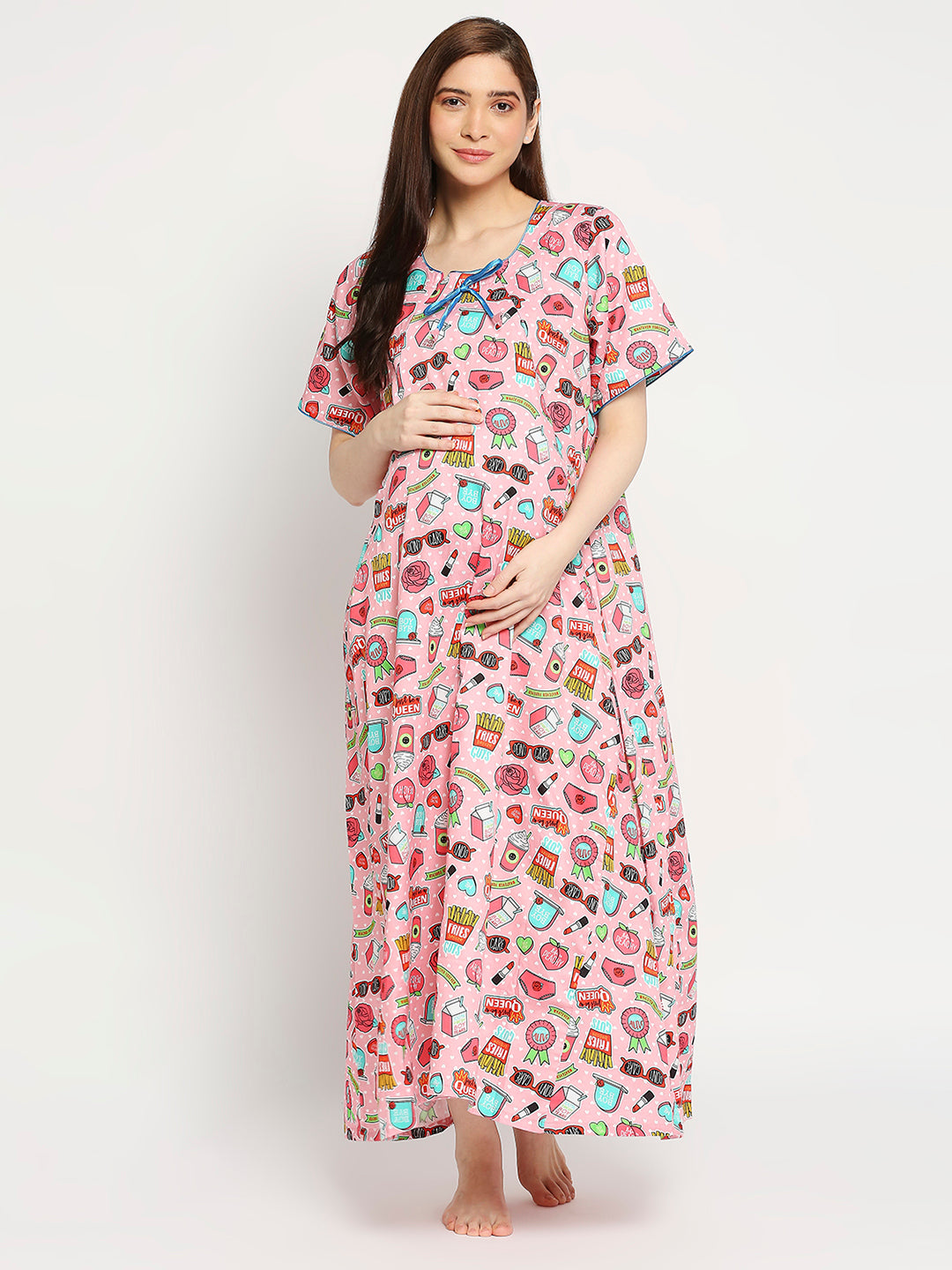 Feminist Maternity Gown - Pure Cotton Round Neck Gown with 2 Invisible Zips for Feeding
