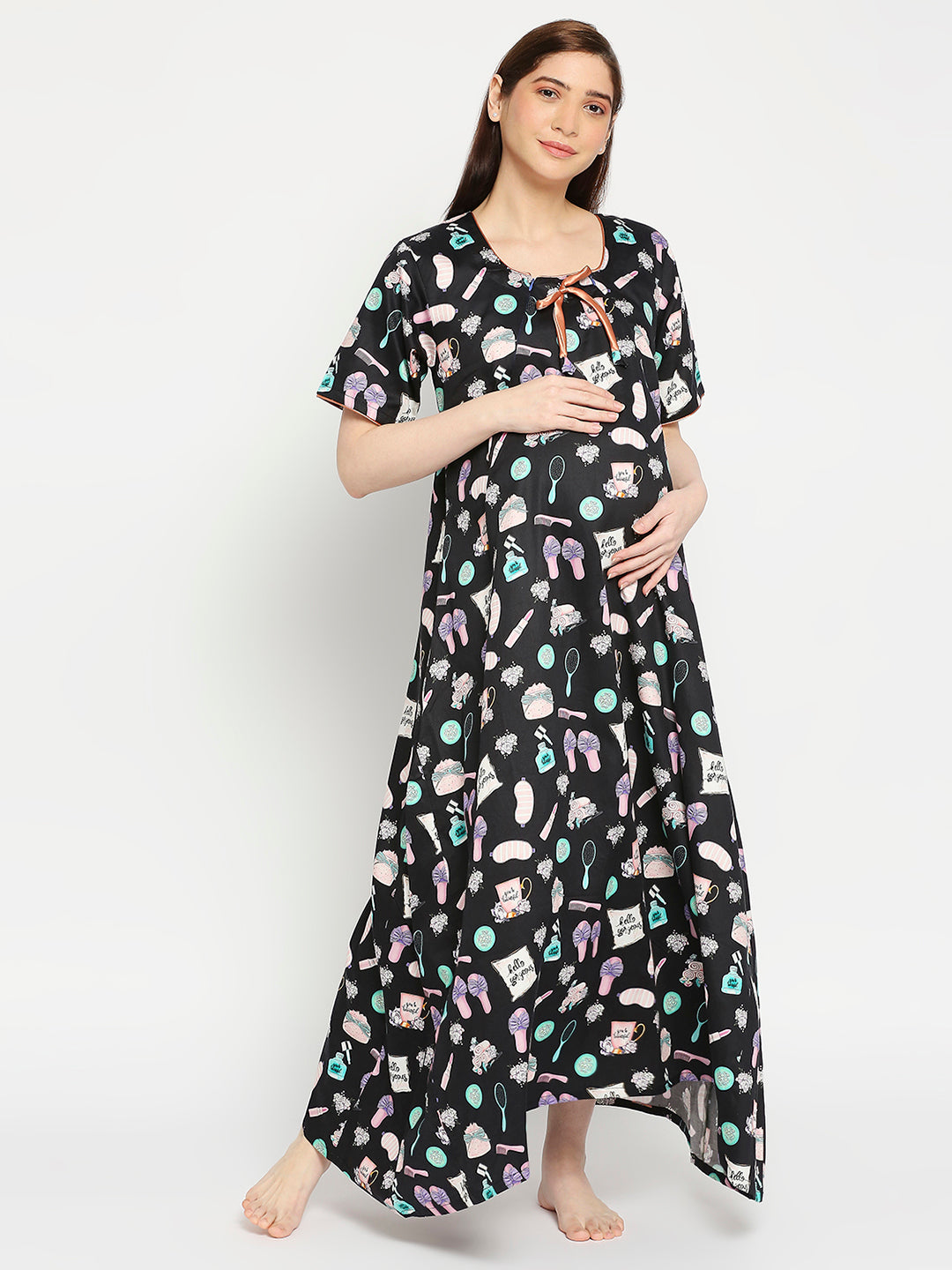 Spa Time Maternity Gown -Round Neck Gown with 2 Invisible Zips for Feeding