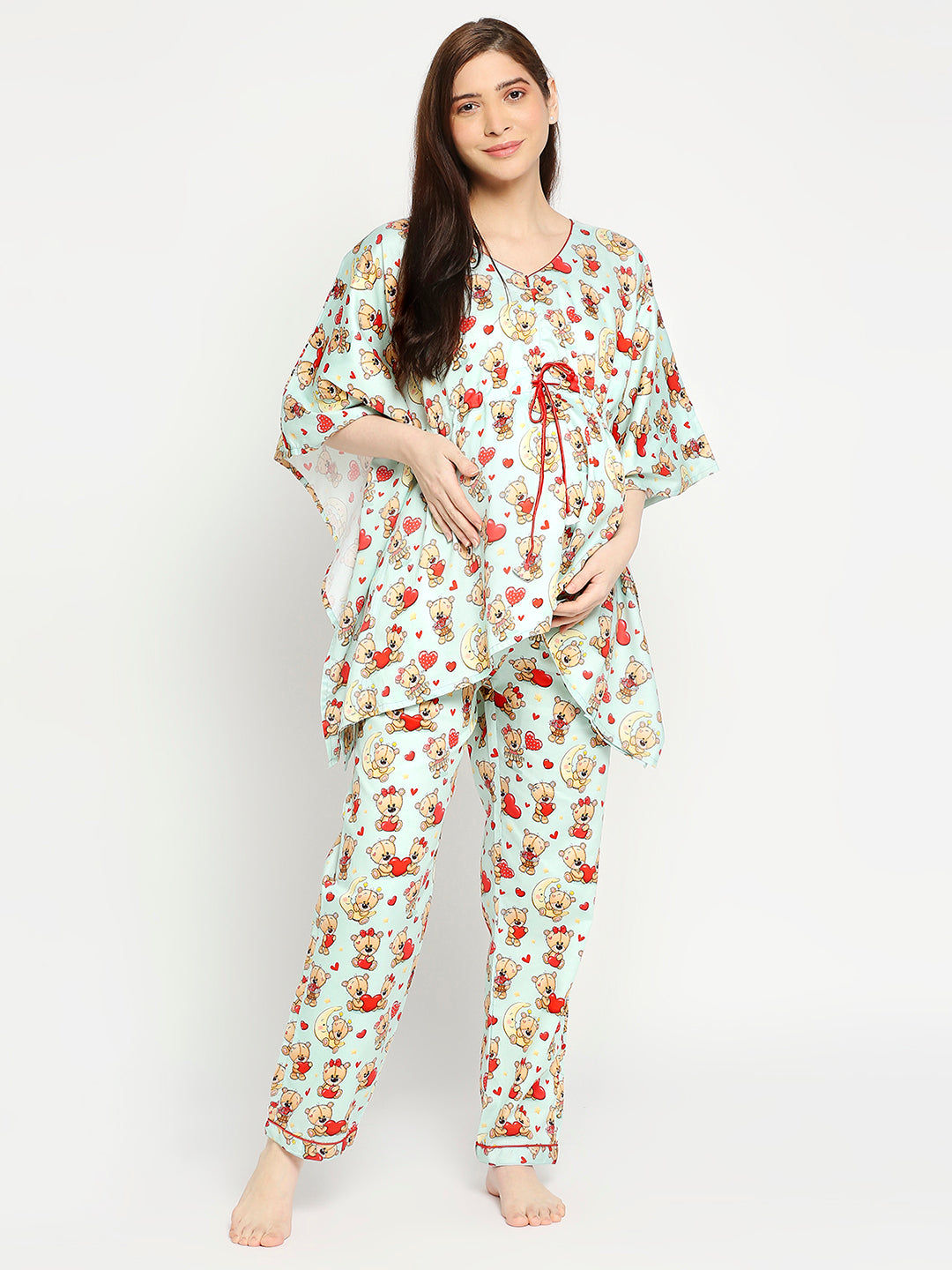 Loving Teddy Maternity Kaftan Pj Set - Pure Cotton Pj Set in Kaftan Style with Single Invisible Zip for Feeding