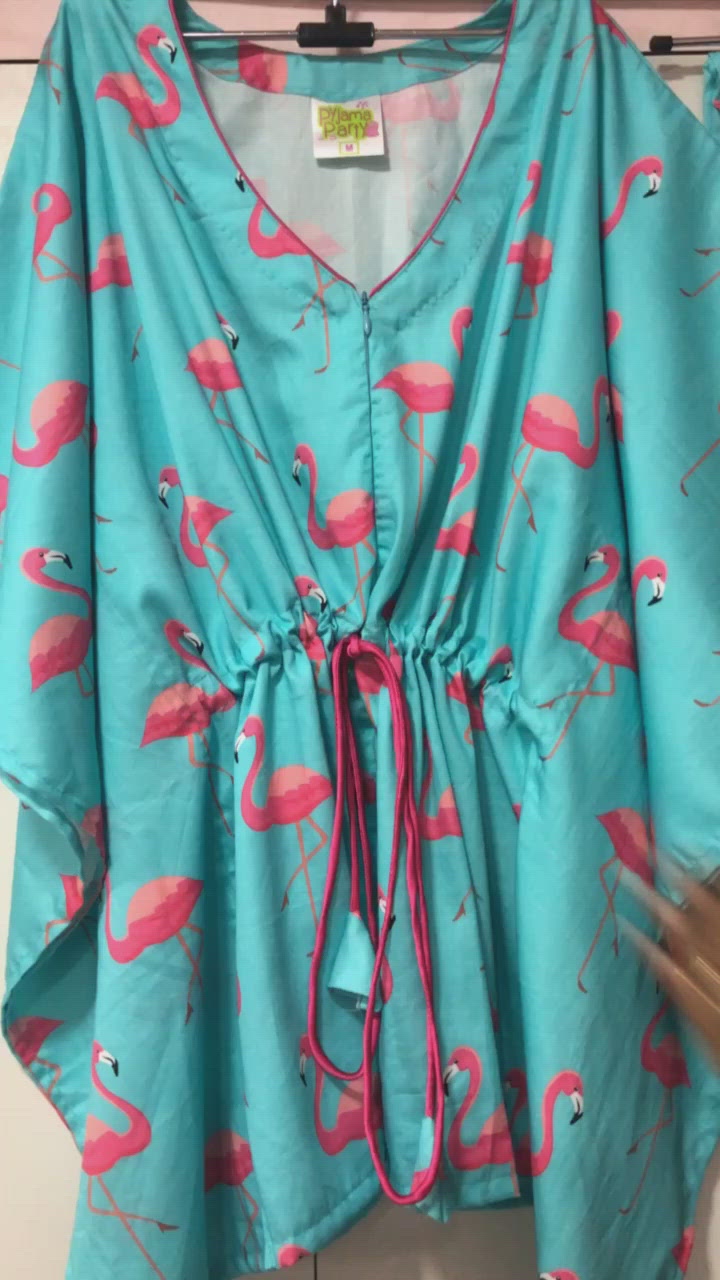 Pink Flamingo Maternity Kaftan Pj Set - Pure Cotton Pj Set in Kaftan Style with Single Invisible Zip For Feeding