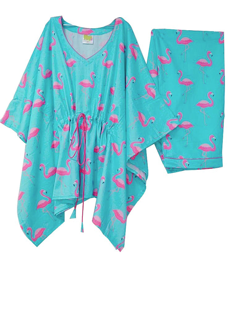 Pink Flamingo Maternity Kaftan Pj Set - Pure Cotton Pj Set in Kaftan Style with Single Invisible Zip For Feeding