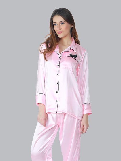 Solid Color Satin Pj Set - Classic Satin Pj Set in Button Down Style