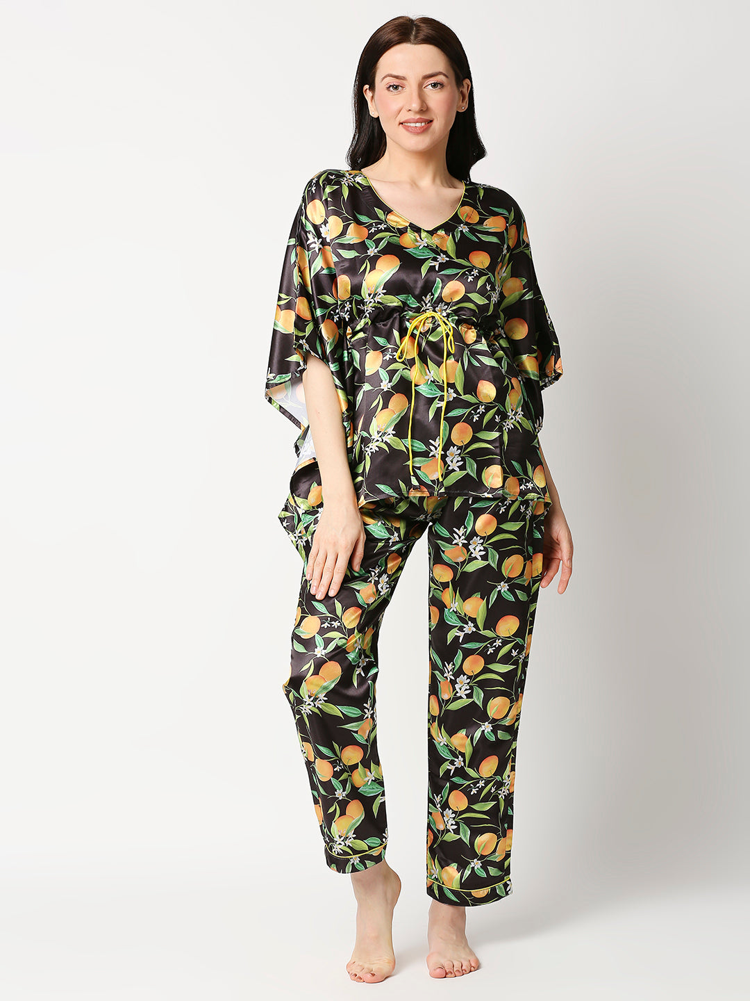 Orange Blossom Satin Kaftan Pj Set - Luxury Printed Kaftan Pj Set