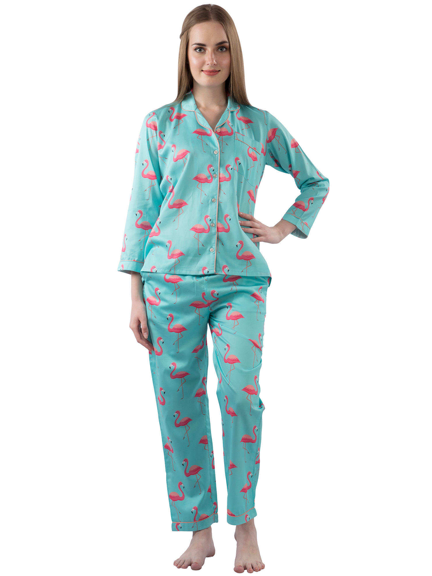 Pink Flamingo Button Down Pj Set - Pure Cotton Pj Set with Notched Collar