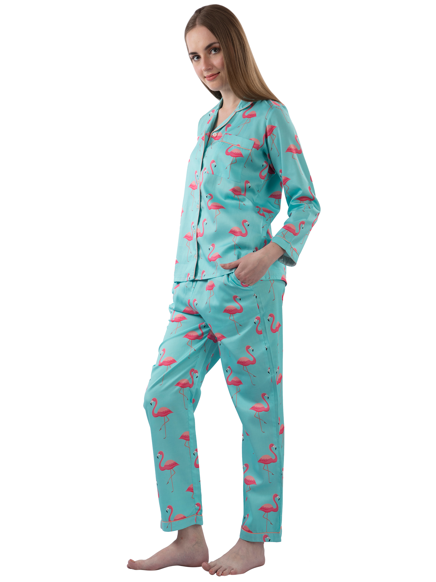 Pink Flamingo Button Down Pj Set - Pure Cotton Pj Set with Notched Collar