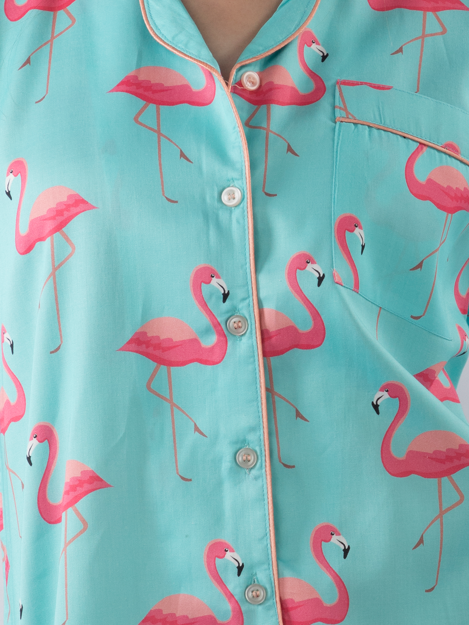 Pink Flamingo Button Down Pj Set - Pure Cotton Pj Set with Notched Collar