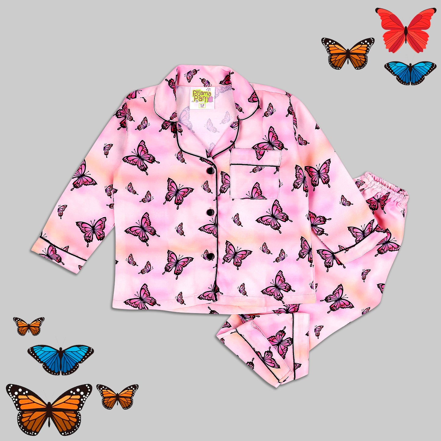 Butterfly Kids Pj Set - Cotton Rayon Pj Set with Notched Collar