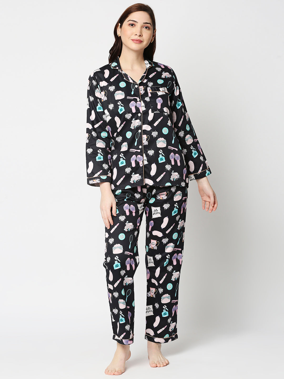 Spa Time Button Down Pj Set - Pure Cotton Pj Set with Notched Collar