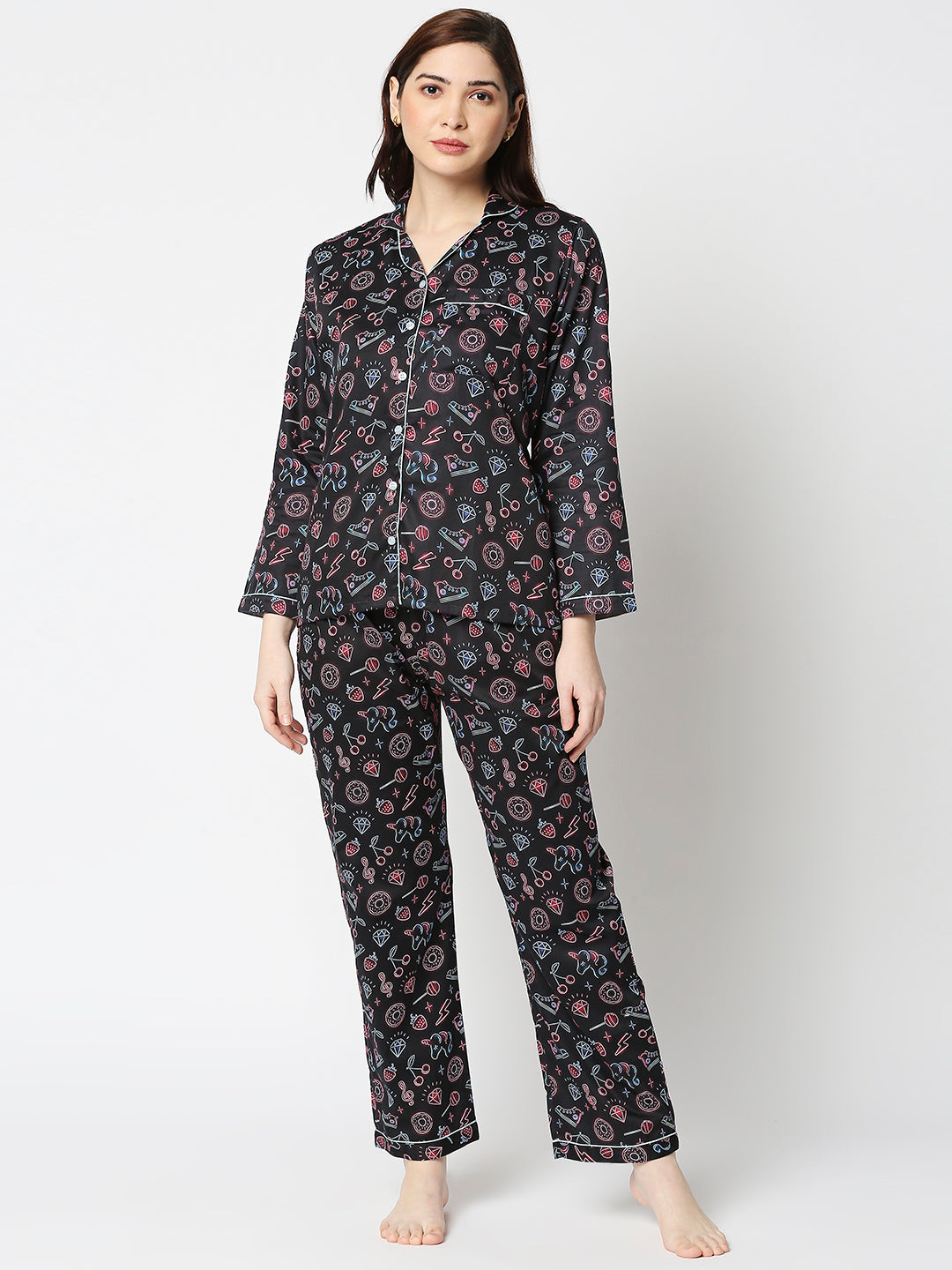 Neon Party Button Down Pj Set - Pure Cotton Pj Set with Notched Collar