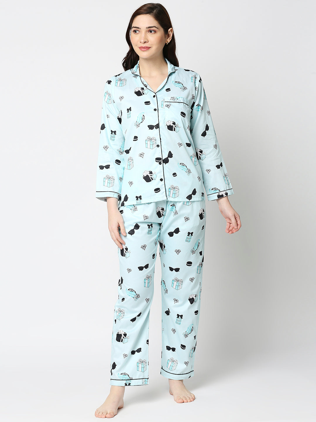 Breakfast at Tiffanys Button Down Pj Set - Pure Cotton Pj Set with Notched Collar