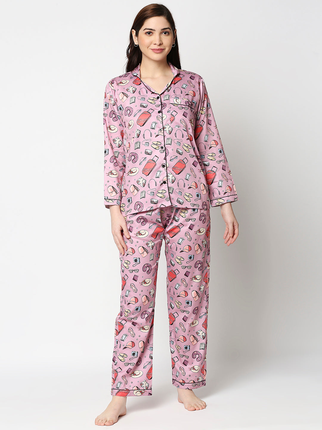 Travel Addict Button Down Pj Set - Pure Cotton Pj Set with Notched Collar