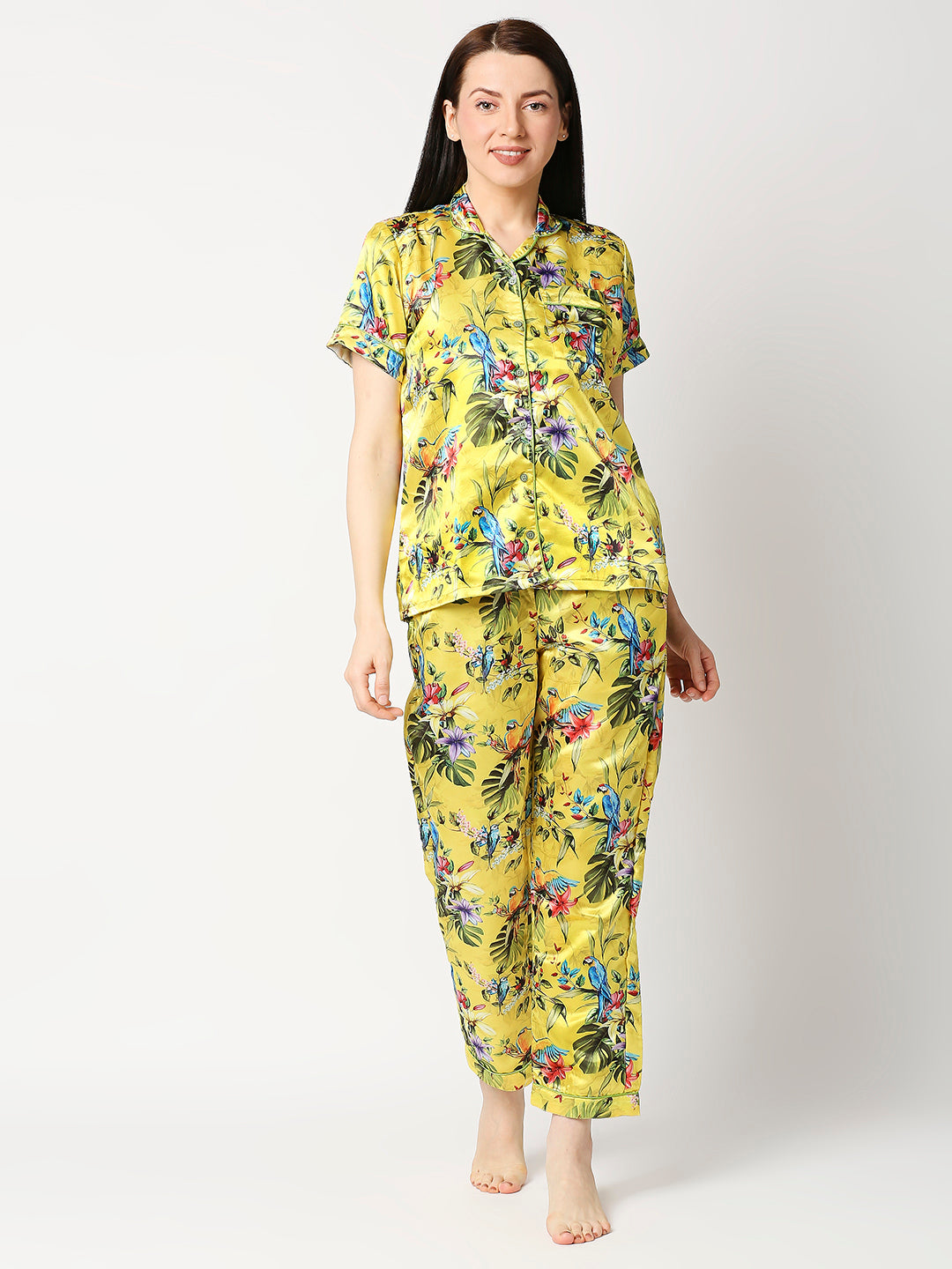 Tropical Paradise Satin Pj Set - Luxury Printed Button Down Pj Set