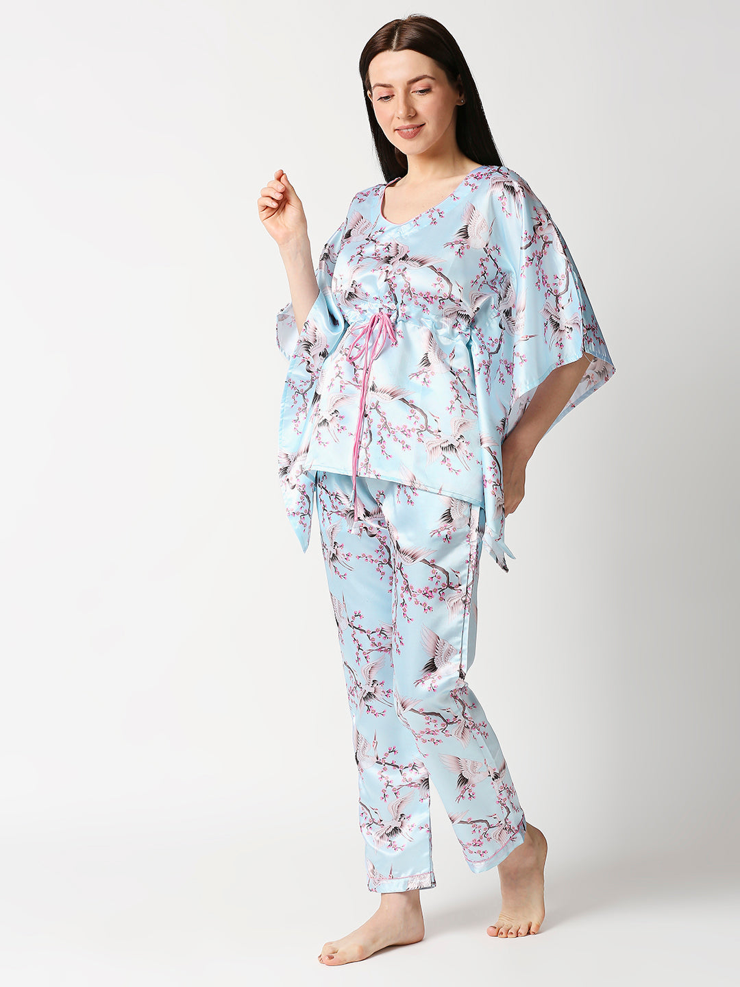 White Swan Satin Kaftan Pj Set Luxury Printed Kaftan Pj Set