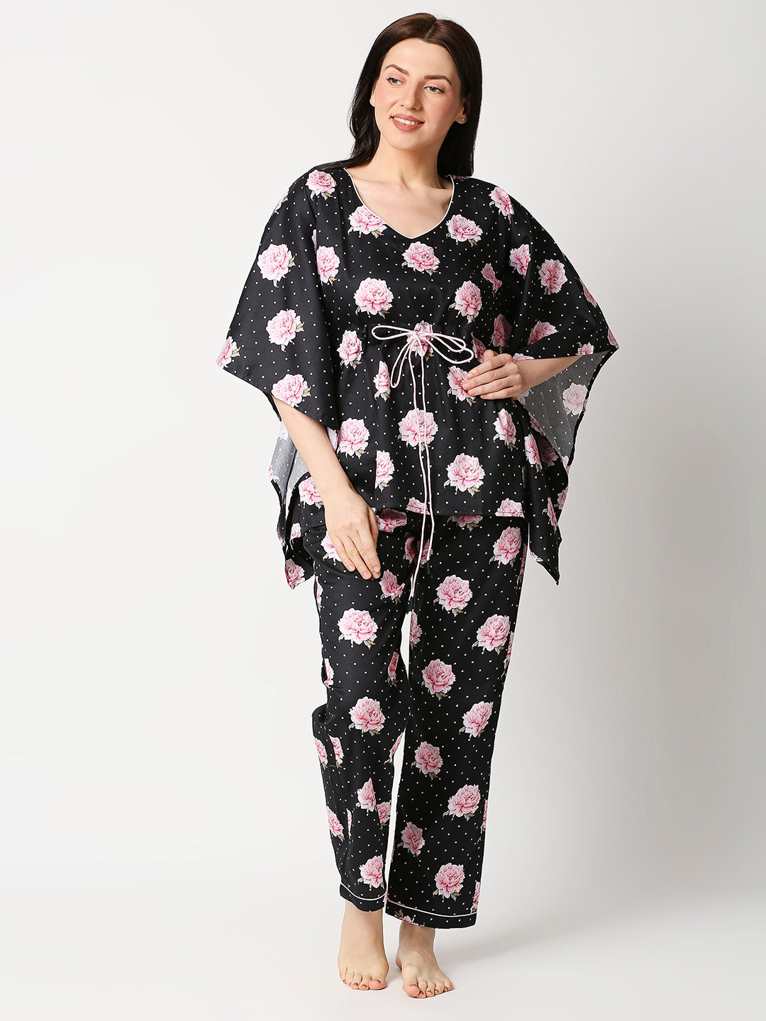 Black Blossom Kaftan Pj Set - Pure Cotton Pj Set in Kaftan Style