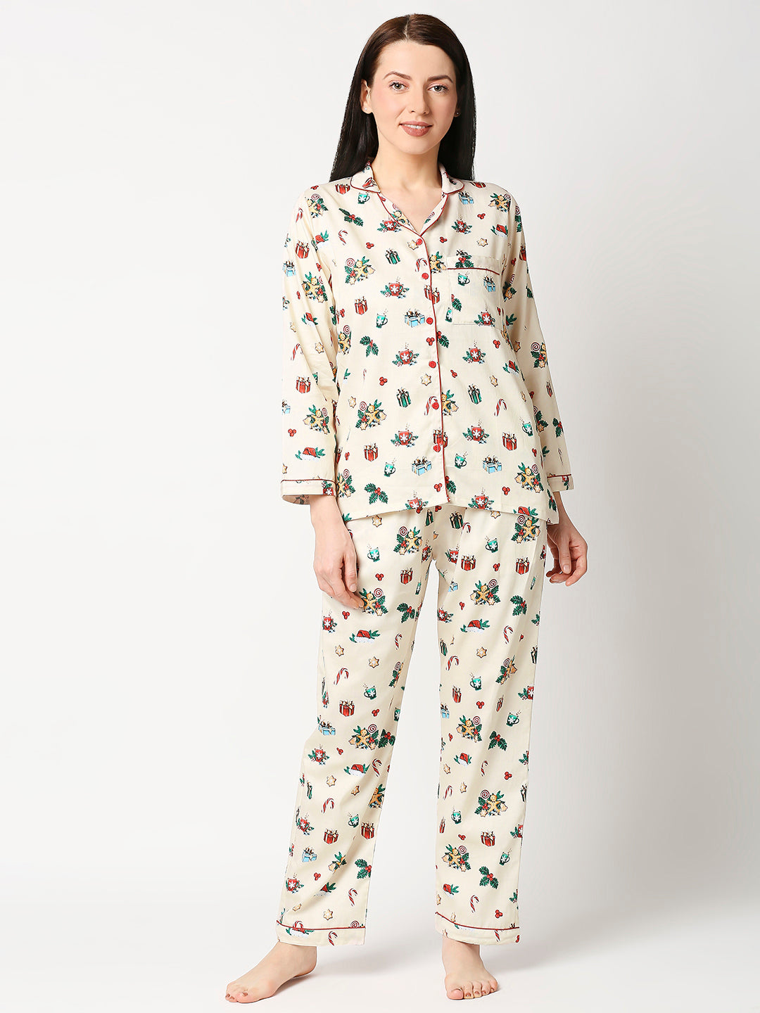 Christmas Cheers Button Down Pj Set - Pure Cotton Pj Set with Notched Collar