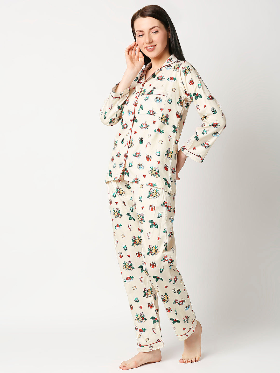 Christmas Cheers Button Down Pj Set - Pure Cotton Pj Set with Notched Collar