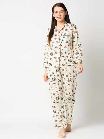 Christmas Cheers Button Down Pj Set - Pure Cotton Pj Set with Notched Collar