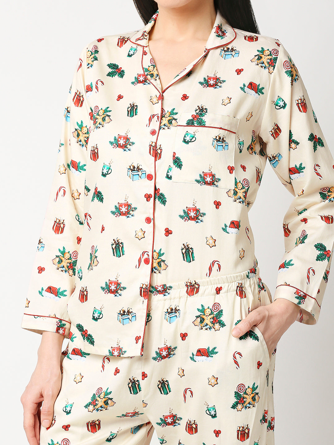 Christmas Cheers Button Down Pj Set - Pure Cotton Pj Set with Notched Collar