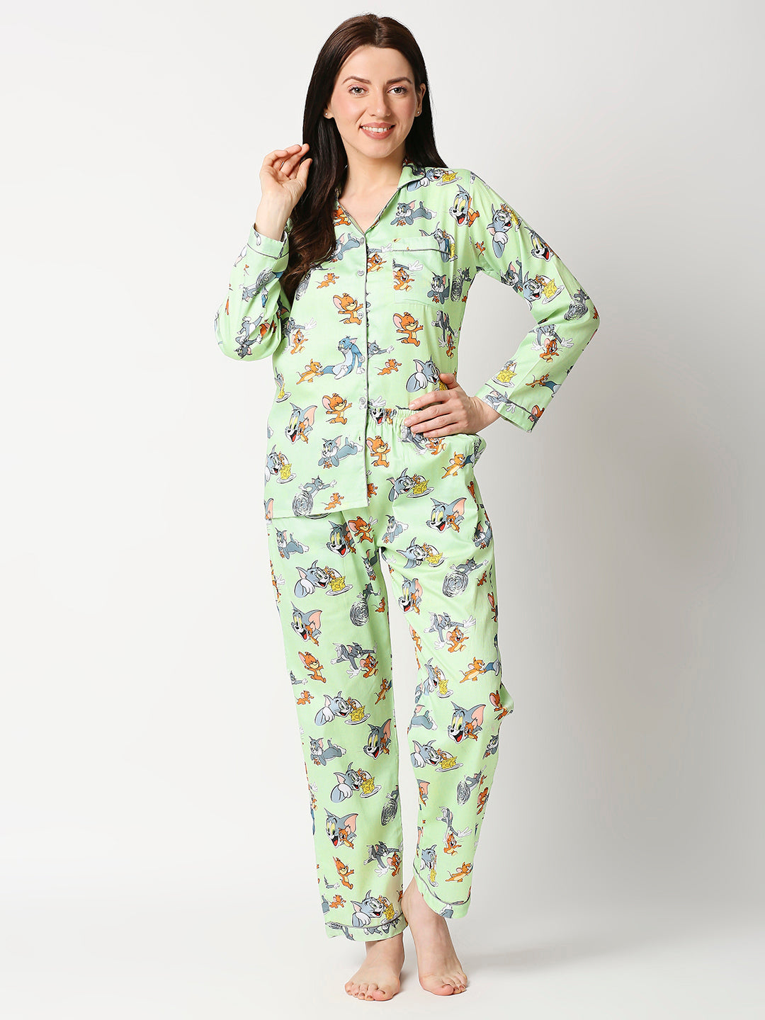 Tom & Jerry Button Down Pj Set - Pure Cotton Pj Set with Notched Collar