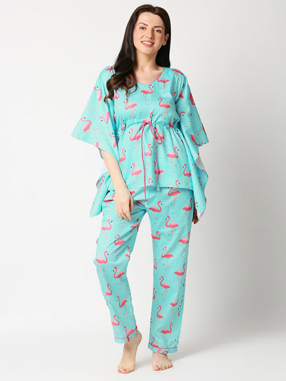 Pink Flamingo Kaftan Pj Set - Pure Cotton Pj Set in Kaftan Style