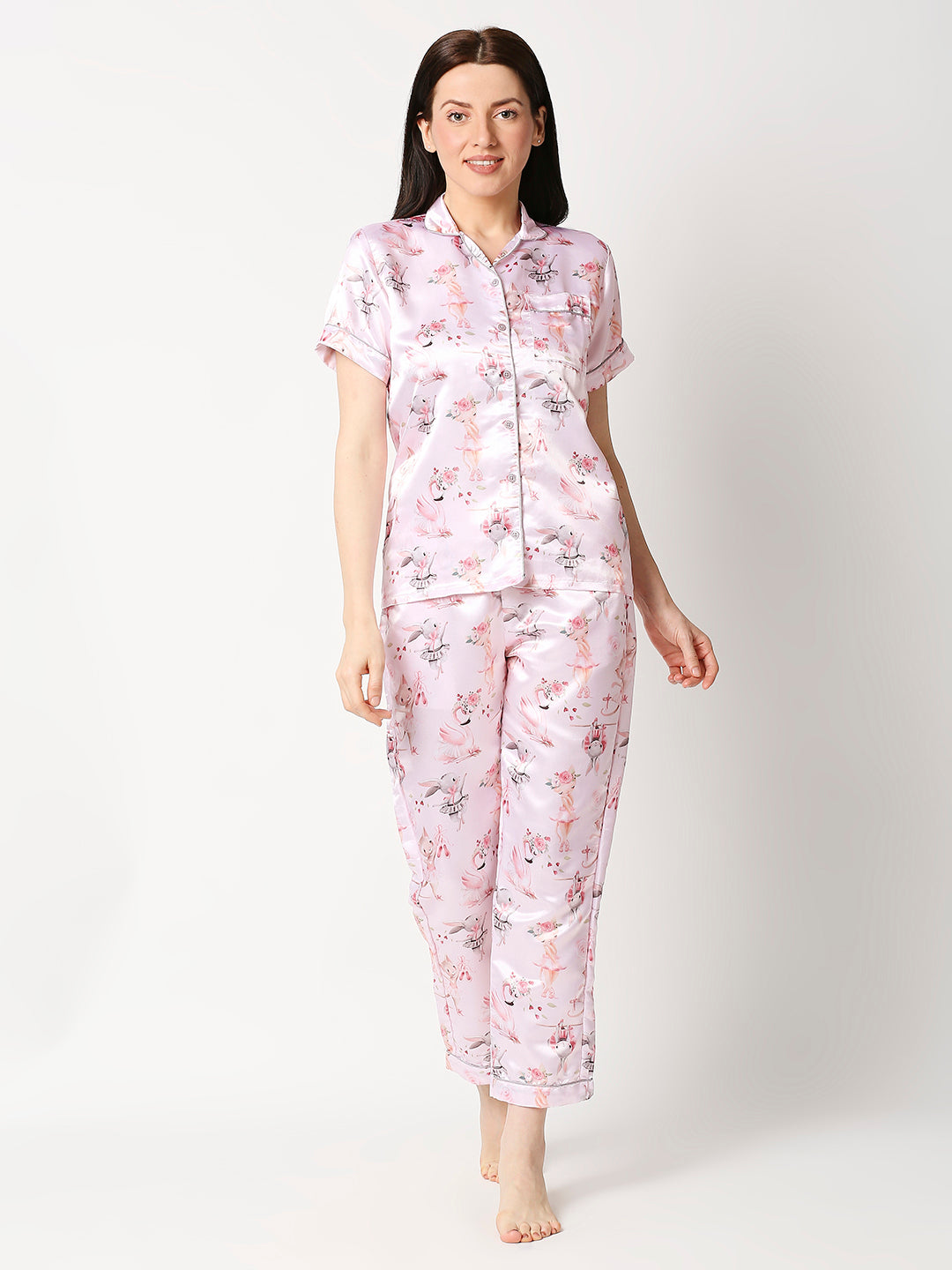 Pink Pixie Satin Pj Set - Luxury Printed Button Down Pj Set