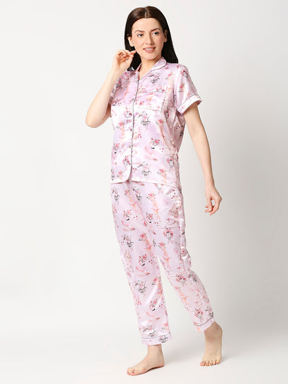 Pink Pixie Satin Pj Set - Luxury Printed Button Down Pj Set