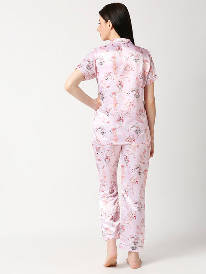 Pink Pixie Satin Pj Set - Luxury Printed Button Down Pj Set