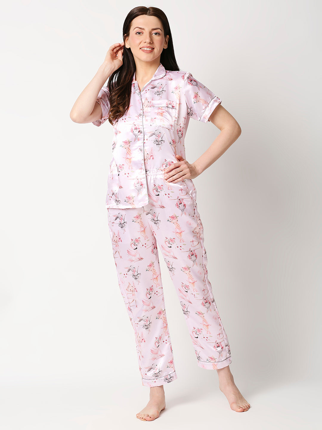 Pink Pixie Satin Pj Set - Luxury Printed Button Down Pj Set