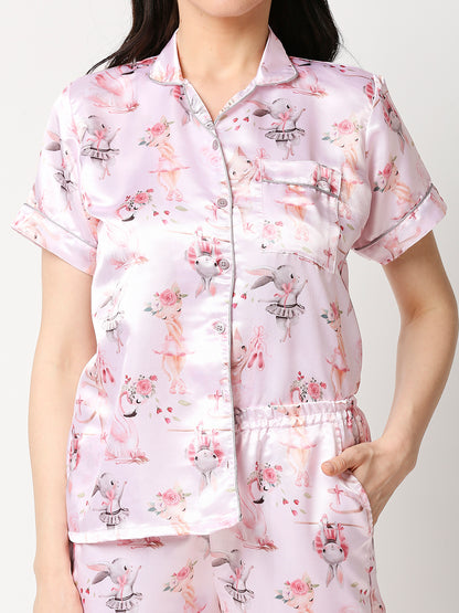 Pink Pixie Satin Pj Set - Luxury Printed Button Down Pj Set